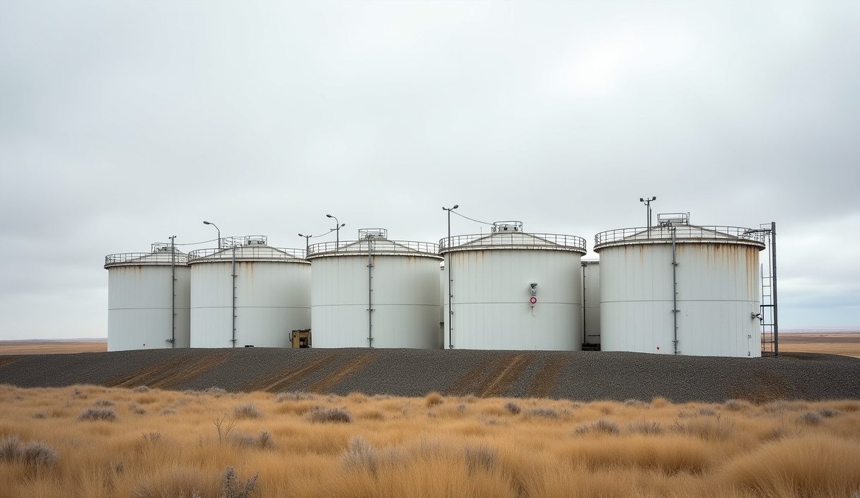 Row of oilfield storage tanks inside an earthen secondary containment berm on a prairie lease