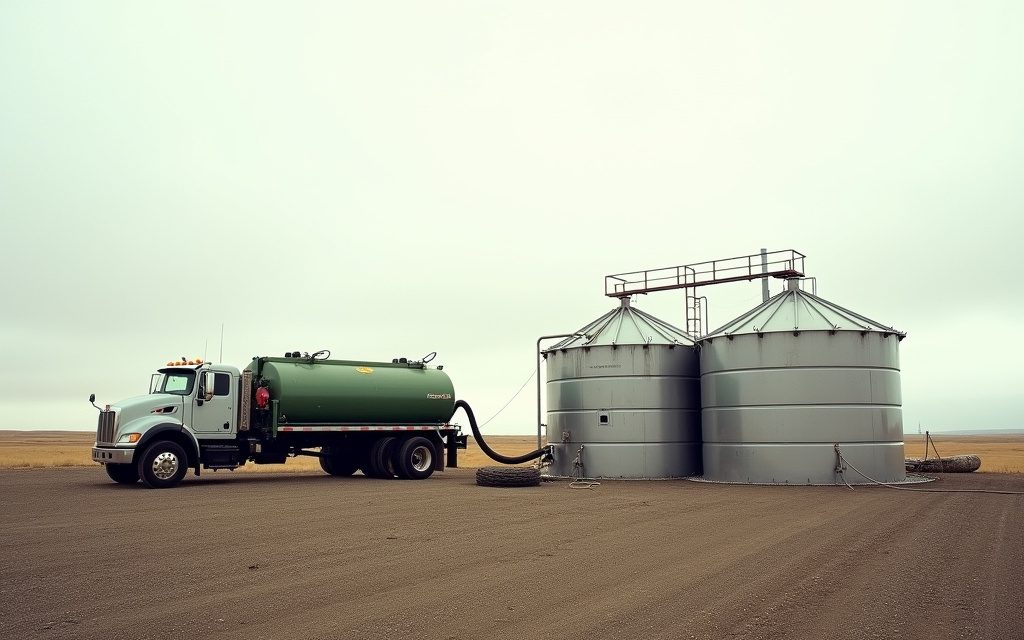 Vacuum truck connected to produced water storage tanks on a gravel oilfield lease pad