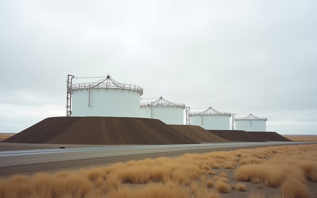 White oilfield storage tanks inside an earthen containment berm with liner visible at the edge