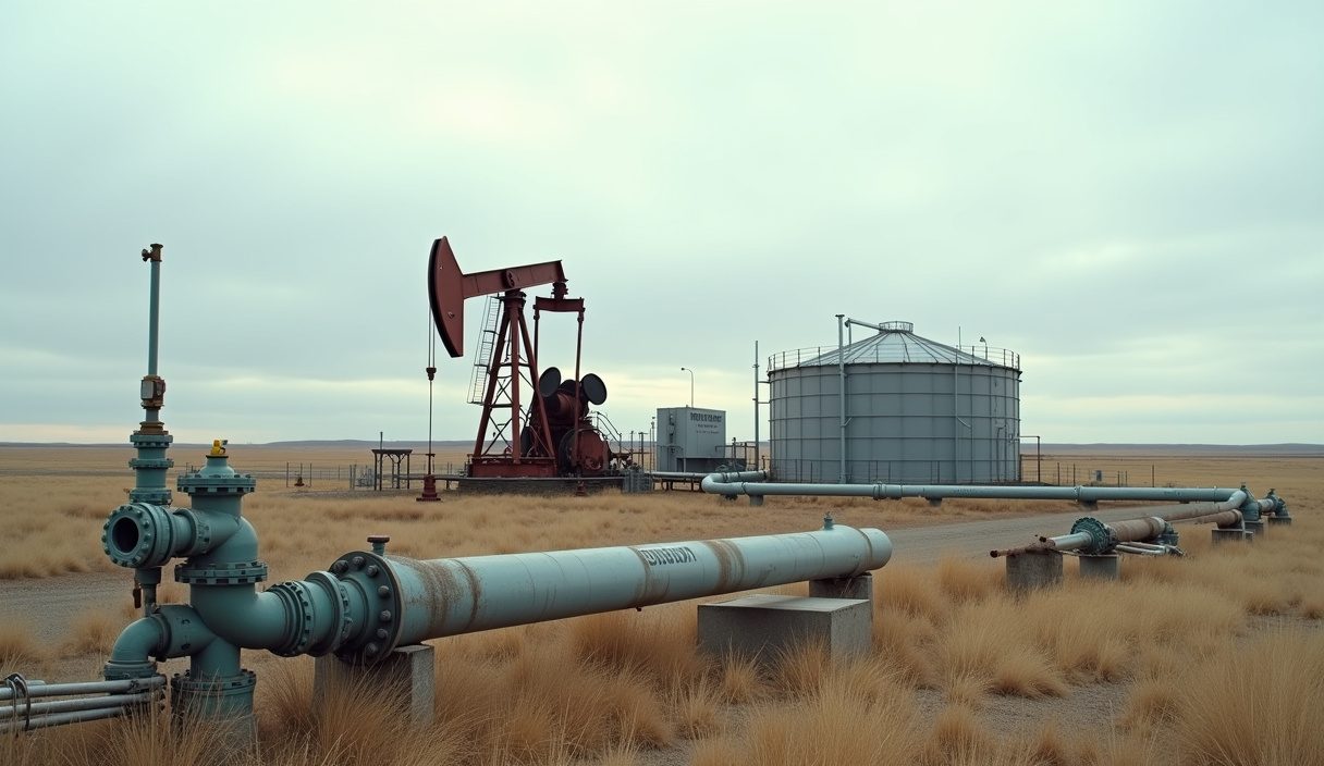 Oilfield three-phase separator and produced water tank with piping on a southern Alberta lease